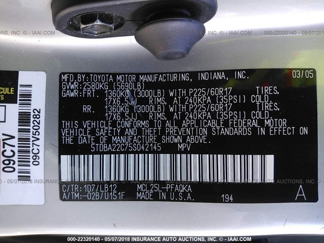 5TDBA22C75S042145 - 2005 TOYOTA SIENNA XLE/XLE LIMITED SILVER photo 9