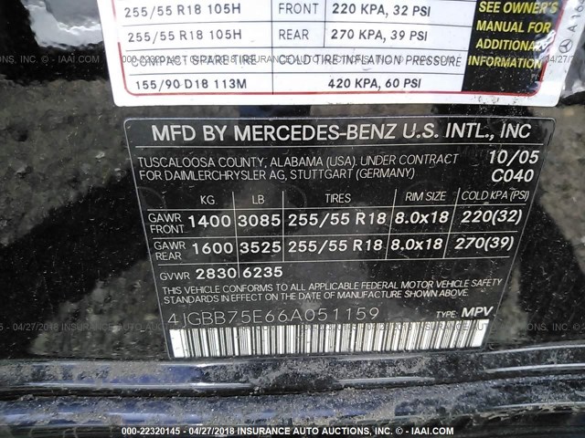 4JGBB75E66A051159 - 2006 MERCEDES-BENZ ML 500 BLACK photo 9