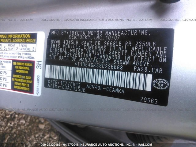 4T1BE46K58U226688 - 2008 TOYOTA CAMRY CE/LE/XLE/SE SILVER photo 9