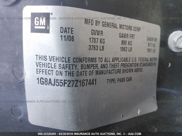 1G8AJ55F27Z167441 - 2007 SATURN ION LEVEL 2 Dəniz mavisi foto 9