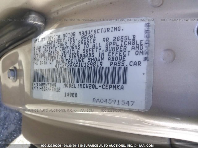 4T1BF22K61U129819 - 2001 TOYOTA CAMRY LE/XLE BEIGE photo 9