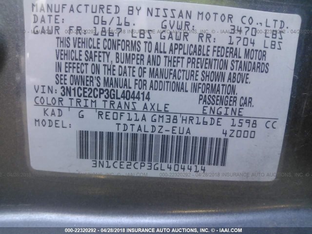 3N1CE2CP3GL404414 - 2016 NISSAN VERSA NOTE S/S PLUS/SV/SL/SR GRAY photo 9