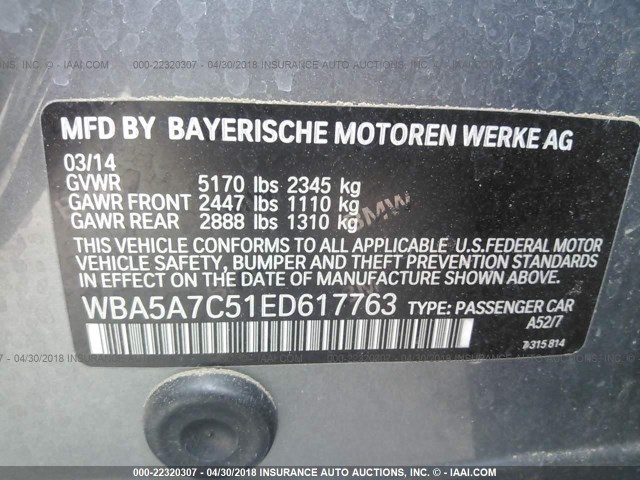 WBA5A7C51ED617763 - 2014 BMW 528 XI SILVER photo 9