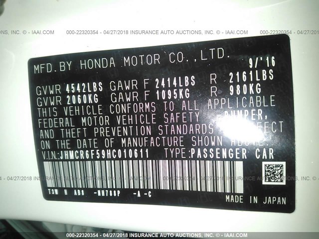 JHMCR6F59HC010611 - 2017 HONDA ACCORD HYBRID/EXL WHITE photo 9