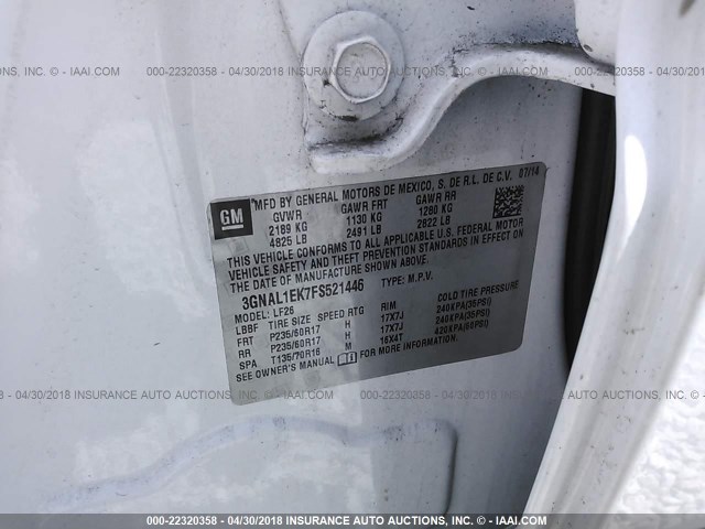 3GNAL1EK7FS521446 - 2015 CHEVROLET CAPTIVA LS 白色 照片 9