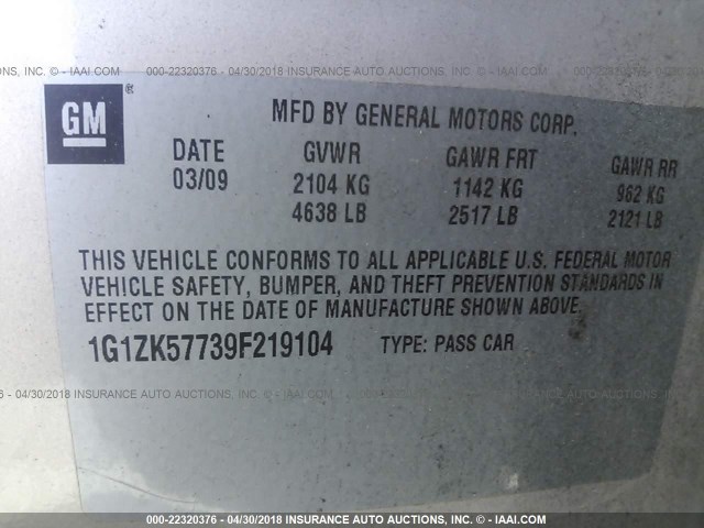1G1ZK57739F219104 - 2009 CHEVROLET MALIBU LTZ TAN photo 9
