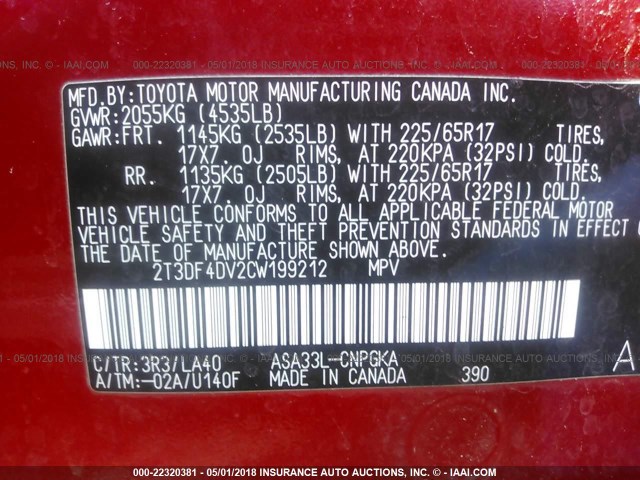 2T3DF4DV2CW199212 - 2012 TOYOTA RAV4 LIMITED Qırmızı foto 9