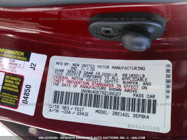 1NXBU40E79Z139107 - 2009 TOYOTA COROLLA S/LE/XLE RED photo 9