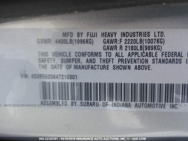 4S3BE625647210301 - 2004 SUBARU LEGACY L SPECIAL SILVER photo 9