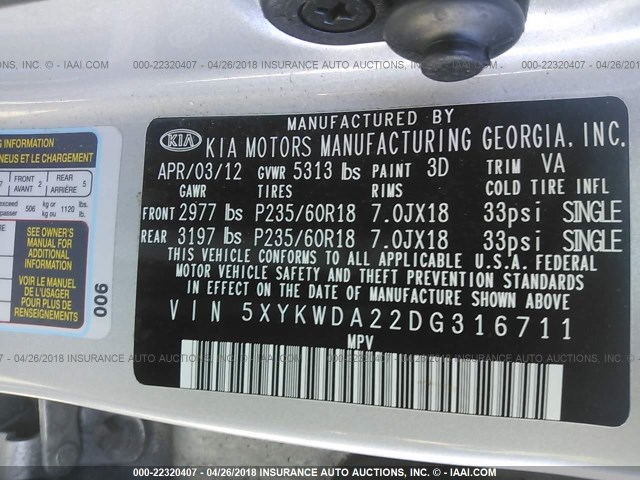 5XYKWDA22DG316711 - 2013 KIA SORENTO SX SILVER photo 9