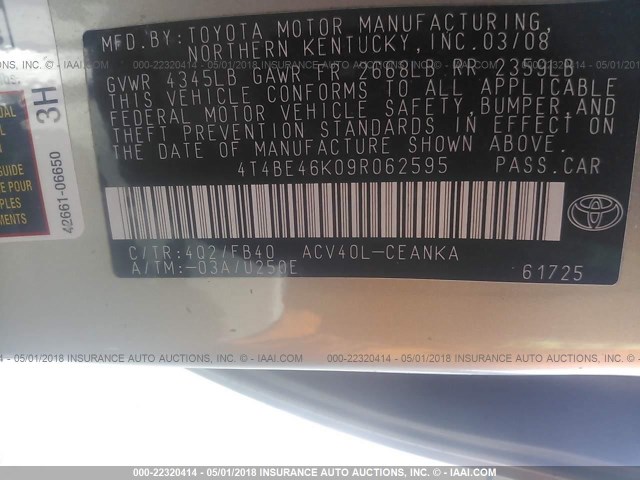 4T4BE46K09R062595 - 2009 TOYOTA CAMRY SE/LE/XLE 金色 照片 9