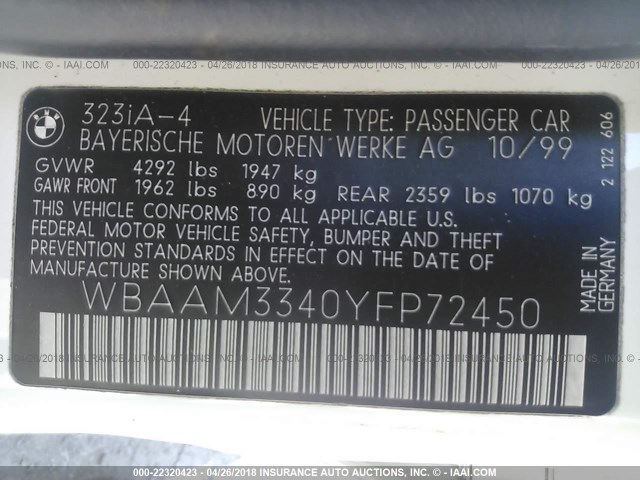 WBAAM3340YFP72450 - 2000 BMW 323 I WHITE photo 9