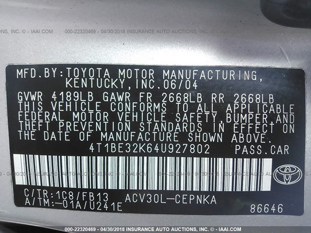 4T1BE32K64U927802 - 2004 TOYOTA CAMRY LE/XLE/SE SILVER photo 9