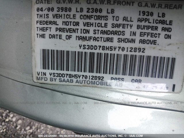 YS3DD78H5Y7012892 - 2000 SAAB 9-3 GREEN photo 9