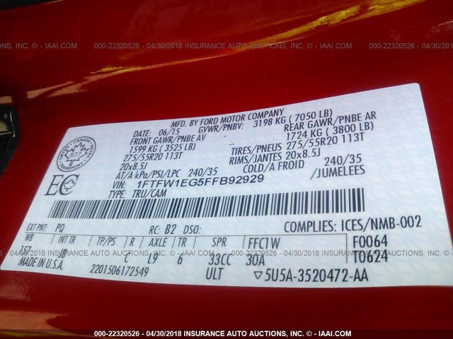 1FTFW1EG5FFB92929 - 2015 FORD F150 SUPERCREW RED photo 9