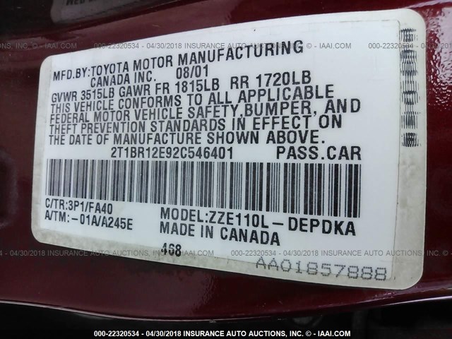 2T1BR12E92C546401 - 2002 TOYOTA COROLLA CE/LE/S RED photo 9