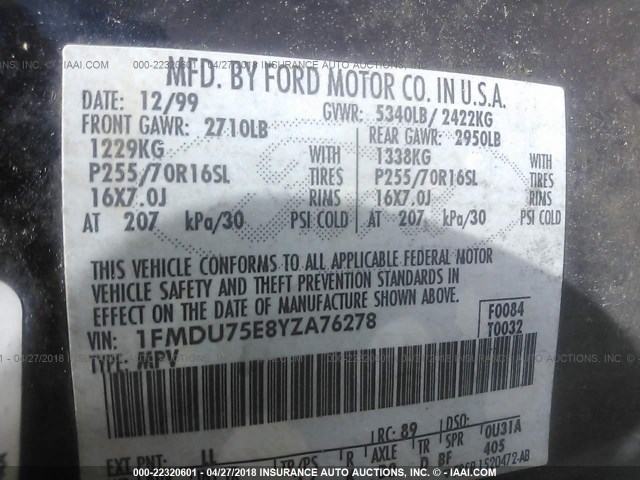 1FMDU75E8YZA76278 - 2000 FORD EXPLORER LIMITED 深蓝色 照片 9