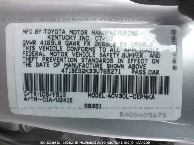4T1BE32K33U765271 - 2003 TOYOTA CAMRY LE/XLE/SE SILVER photo 9