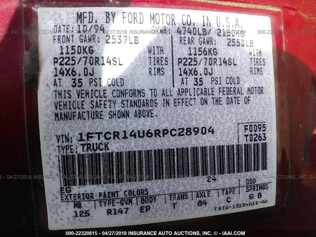 1FTCR14U6RPC28904 - 1994 FORD RANGER SUPER CAB RED photo 9