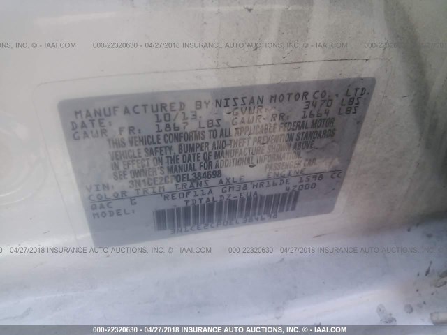 3N1CE2CP0EL384698 - 2014 NISSAN VERSA NOTE S/S PLUS/SV/SL WHITE photo 9