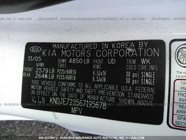 KNDJE723567195678 - 2006 KIA NEW SPORTAGE  WHITE photo 9