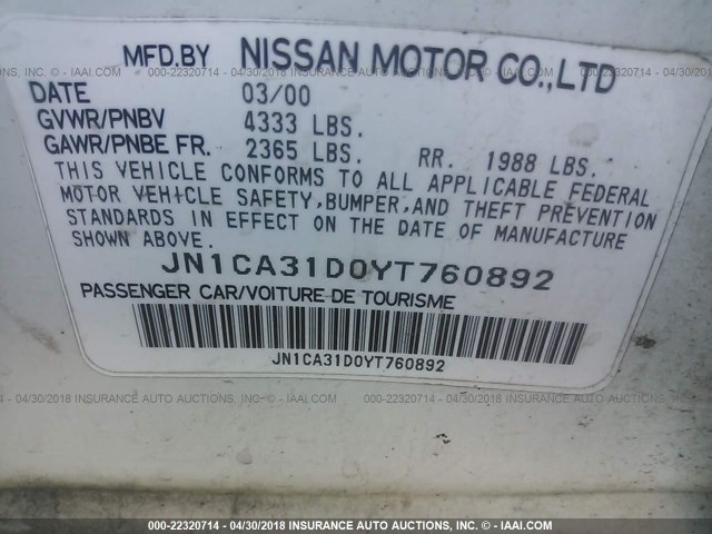 JN1CA31D0YT760892 - 2000 NISSAN MAXIMA GLE/GXE/SE WHITE photo 9