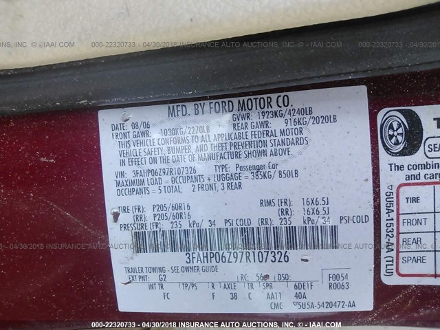 3FAHP06Z97R107326 - 2007 FORD FUSION S RED photo 9