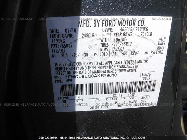 1FMCU9EG0AKB79010 - 2010 FORD ESCAPE LIMITED BLUE photo 9