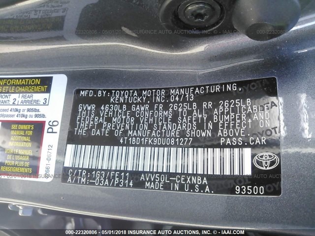 4T1BD1FK9DU081277 - 2013 TOYOTA CAMRY HYBRID/LE/XLE 灰色 照片 9