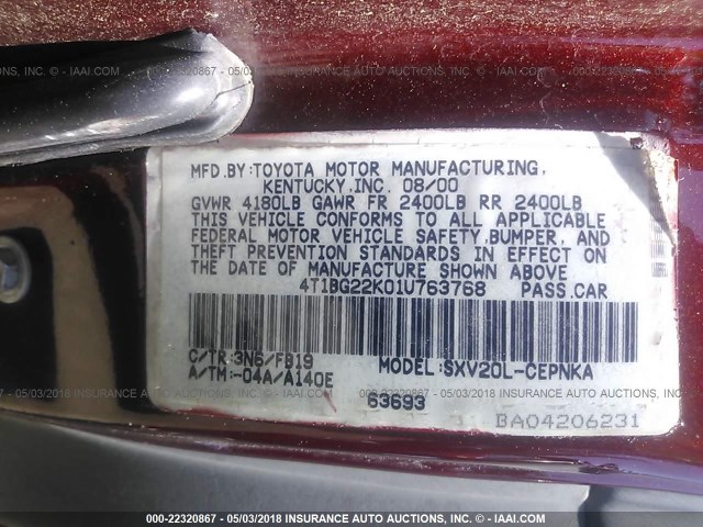 4T1BG22K01U763768 - 2001 TOYOTA CAMRY CE/LE/XLE 红色 照片 9