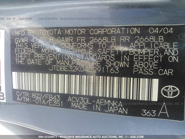 JTDBE32K040291163 - 2004 TOYOTA CAMRY LE/XLE Light Blue photo 9