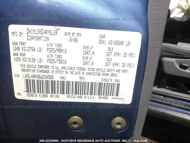 1J4GL48K06W250566 - 2006 JEEP LIBERTY SPORT 蓝色 照片 9