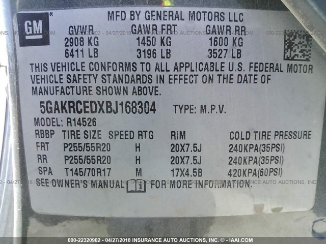 5GAKRCEDXBJ168304 - 2011 BUICK ENCLAVE CXL მწვანე ფოტო 9