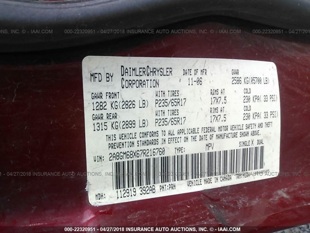 2A8GM68X67R216760 - 2007 CHRYSLER PACIFICA TOURING RED photo 9