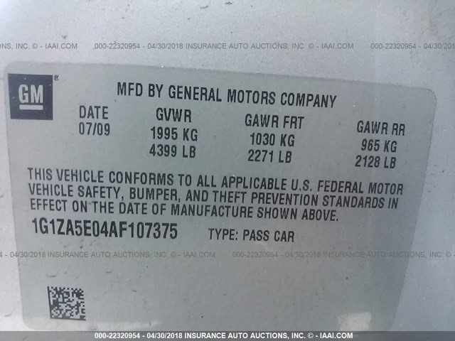 1G1ZA5E04AF107375 - 2010 CHEVROLET MALIBU LS 银色 照片 9