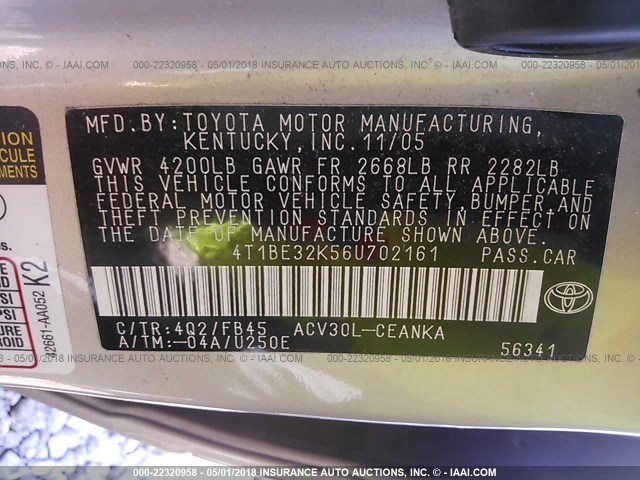 4T1BE32K56U702161 - 2006 TOYOTA CAMRY LE/XLE/SE ბეჟი ფოტო 9