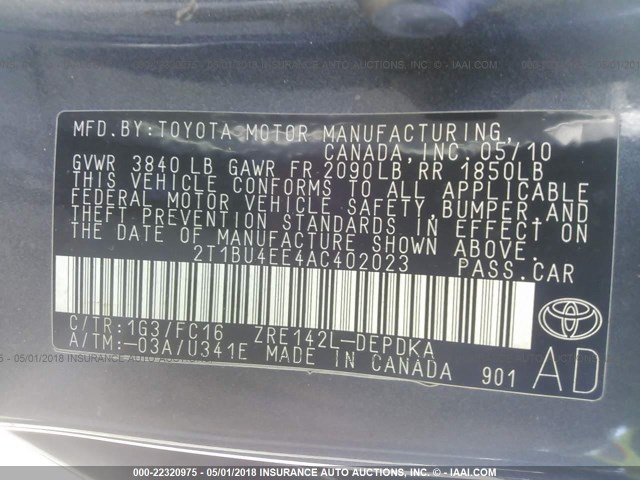 2T1BU4EE4AC402023 - 2010 TOYOTA COROLLA S/LE/XLE GRAY photo 9