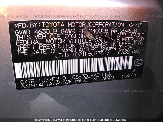 JTHBF1D21F5073817 - 2015 LEXUS IS 250 GRAY photo 9