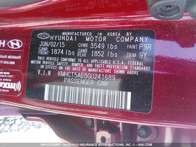 KMHCT5AE5GU241689 - 2016 HYUNDAI ACCENT SE RED photo 9