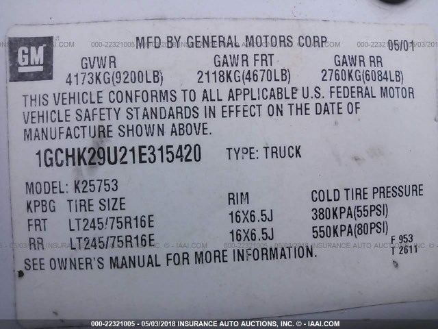 1GCHK29U21E315420 - 2001 CHEVROLET SILVERADO K2500 HEAVY DUTY WHITE photo 9