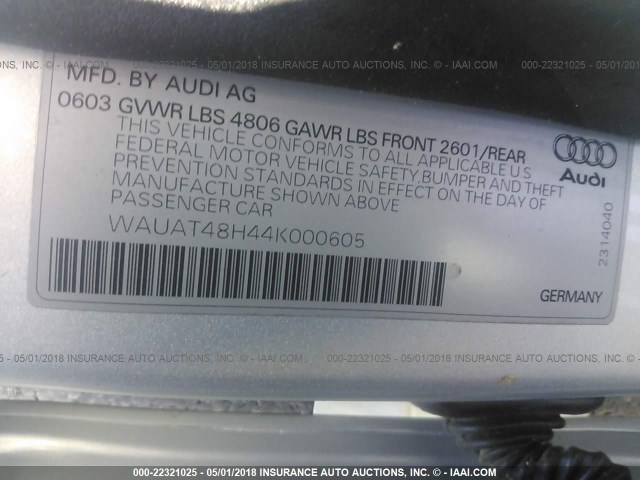 WAUAT48H44K000605 - 2004 AUDI A4 3.0 CABRIOLET SILVER photo 9