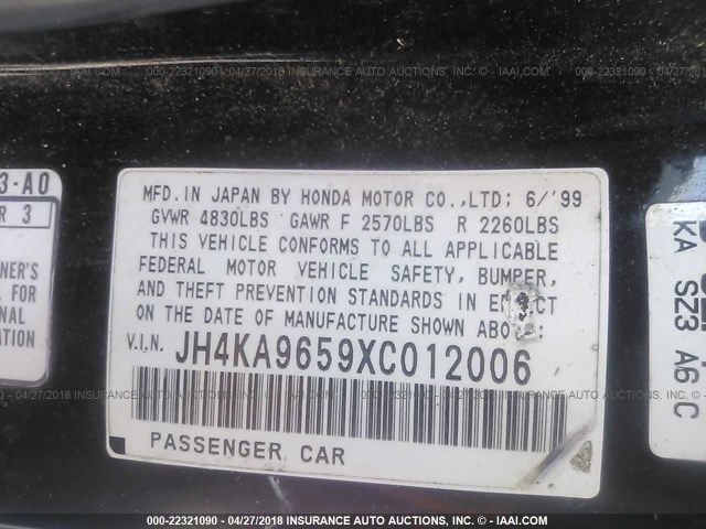 JH4KA9659XC012006 - 1999 ACURA 3.5RL BLACK photo 9