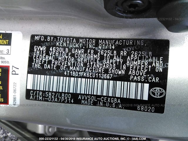 4T1BD1FK6EU113667 - 2014 TOYOTA CAMRY HYBRID/LE/XLE 金色 照片 9