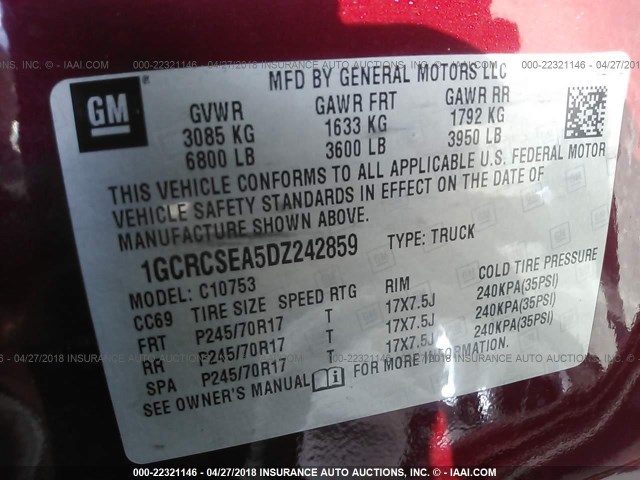 1GCRCSEA5DZ242859 - 2013 CHEVROLET SILVERADO C1500 LT RED photo 9