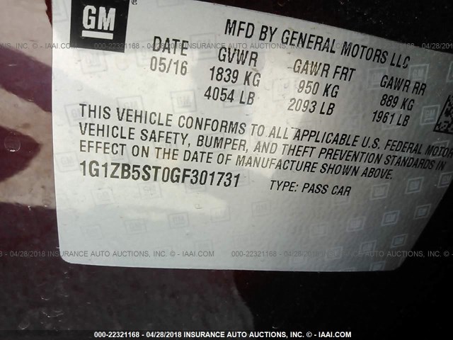 1G1ZB5ST0GF301731 - 2016 CHEVROLET MALIBU LS 勃艮第红 照片 9