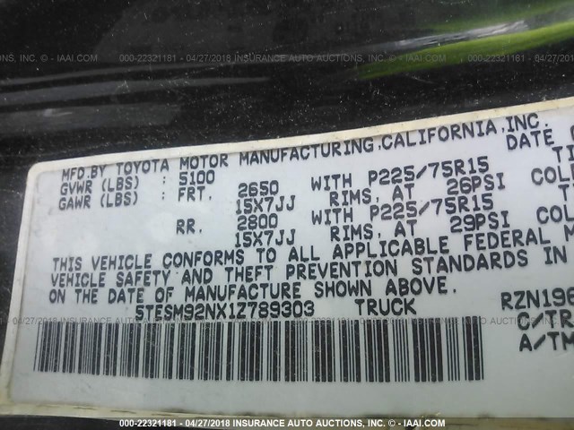 5TESM92NX1Z789303 - 2001 TOYOTA TACOMA XTRACAB PRERUNNER შავი ფოტო 9