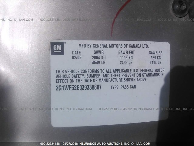 2G1WF52E039338807 - 2003 CHEVROLET IMPALA 金色 照片 9