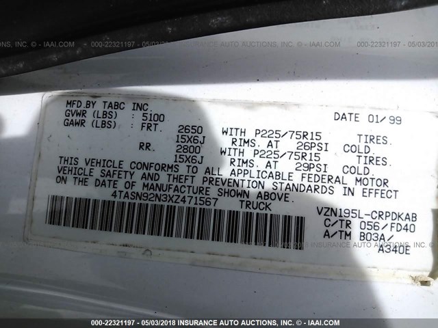 4TASN92N3XZ471567 - 1999 TOYOTA TACOMA XTRACAB PRERUNNER თეთრი ფოტო 9