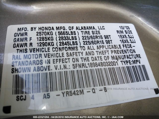 5FNRL18984B032001 - 2004 HONDA ODYSSEY EXL GOLD photo 9