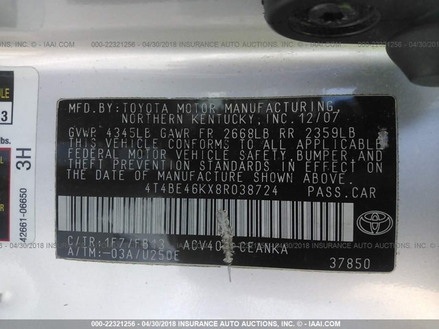 4T4BE46KX8R038724 - 2008 TOYOTA CAMRY CE/LE/XLE/SE SILVER photo 9